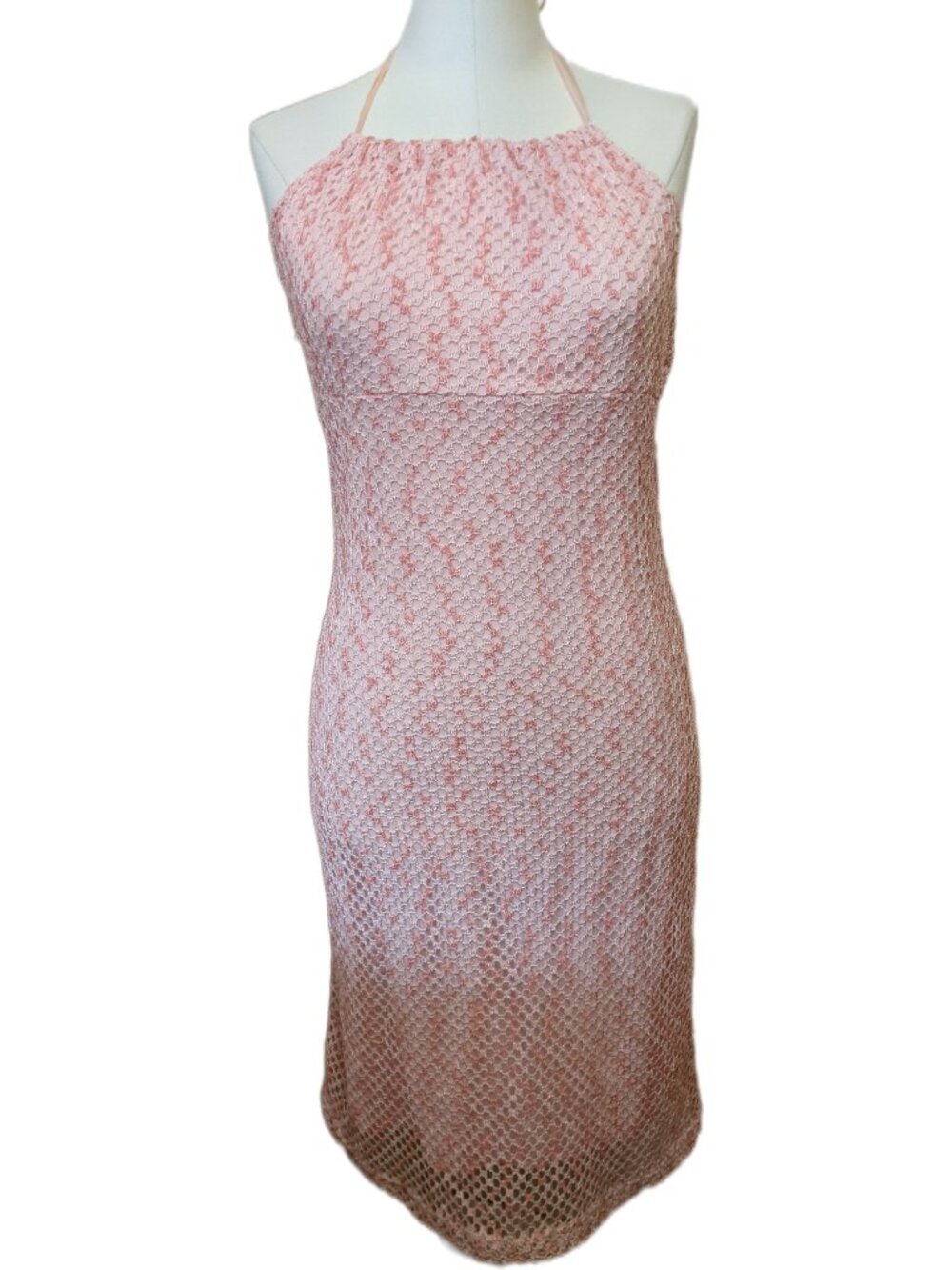 Vintage Y2K Pink Crochet Mesh Overlay Halter Bodycon Midi Dress Fairy Coquette S - Picture 2 of 9